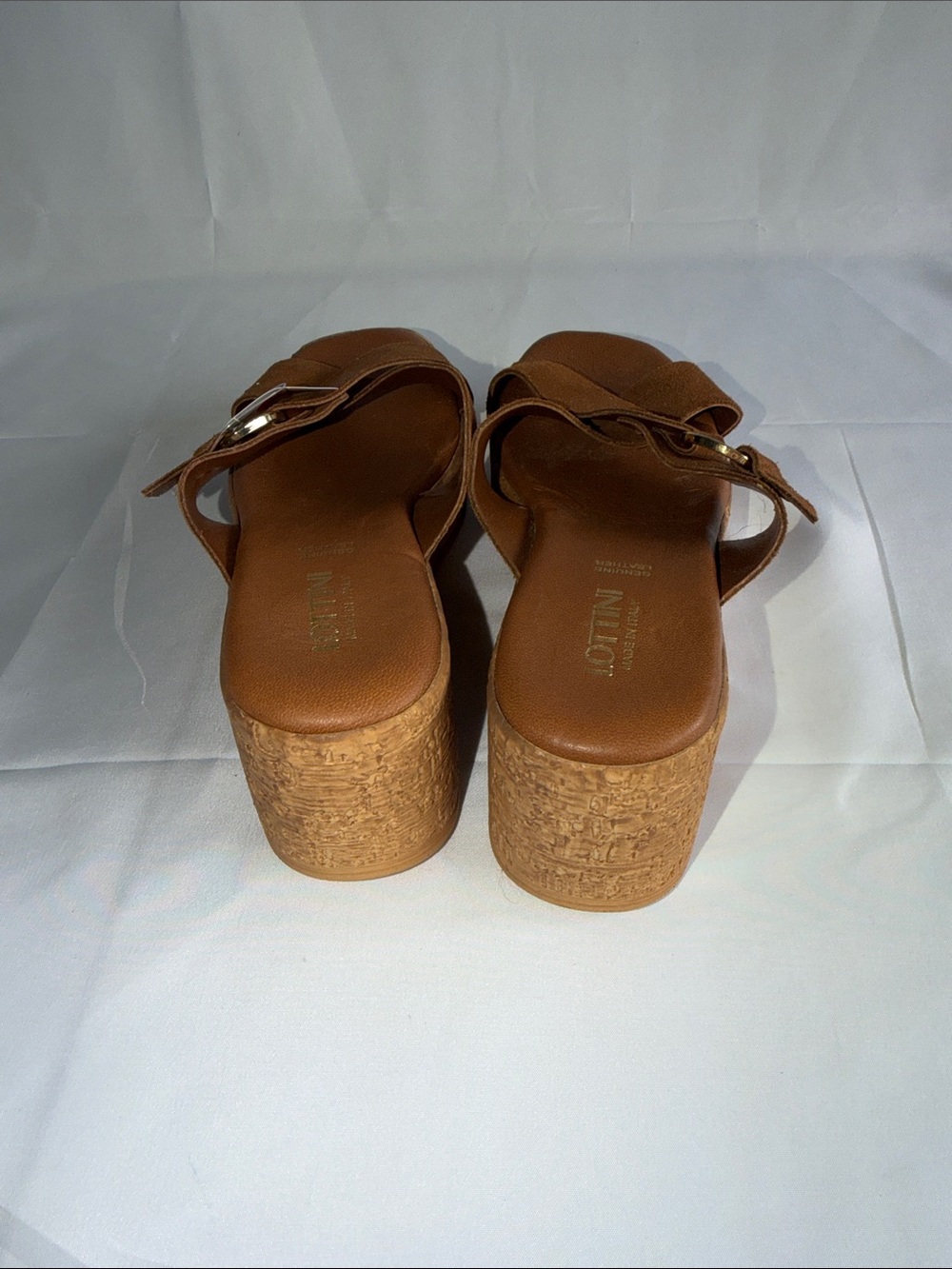 Lottini Italy Suede Cross Band Buckle Cork Wedge Slide Sandals Cuoio 9.5 NWT - Picture 4 of 6
